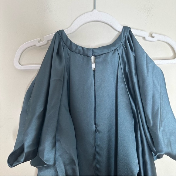 AMSALE Size 12 Women's Petrol Satin Cold Shoulder Evening Dress - Picture 8 of 11